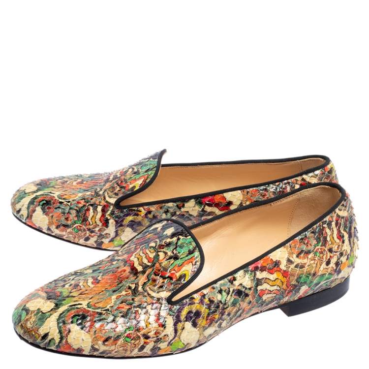 Pre Owned Christian Louboutin Multicolor Python Smoking Slippers Size 38.5
