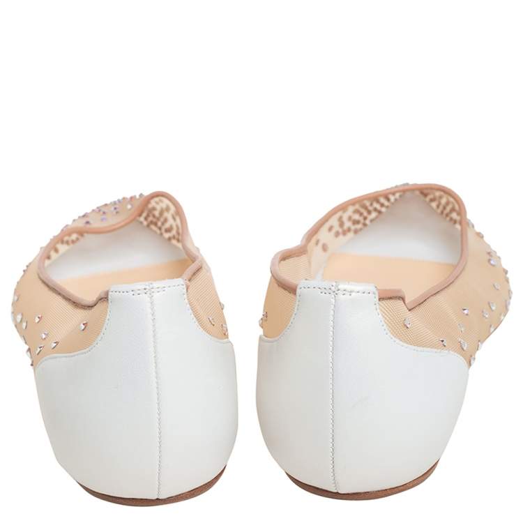 Pre Owned Christian Louboutin Beige Embellished Net And Leather Follies Strass Pointed Toe Ballet Flats Size 38