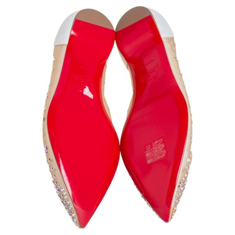 Pre Owned Christian Louboutin Beige Embellished Net And Leather Follies Strass Pointed Toe Ballet Flats Size 38