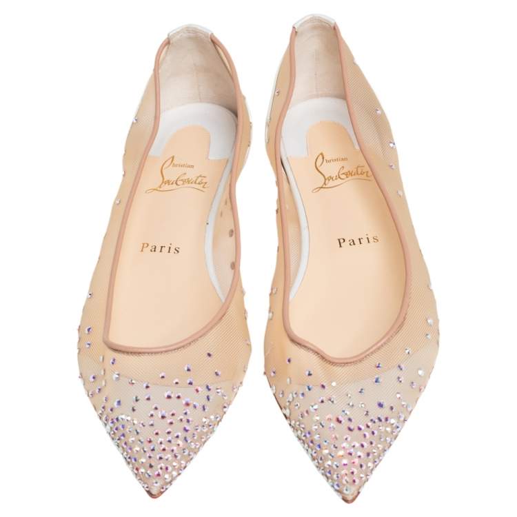 Pre Owned Christian Louboutin Beige Embellished Net And Leather Follies Strass Pointed Toe Ballet Flats Size 38