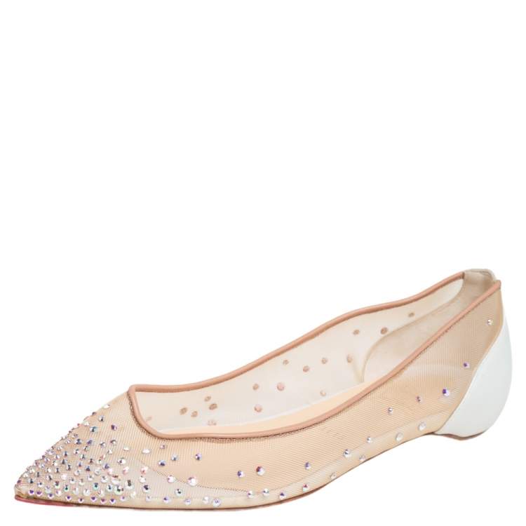 Pre Owned Christian Louboutin Beige Embellished Net And Leather Follies Strass Pointed Toe Ballet Flats Size 38