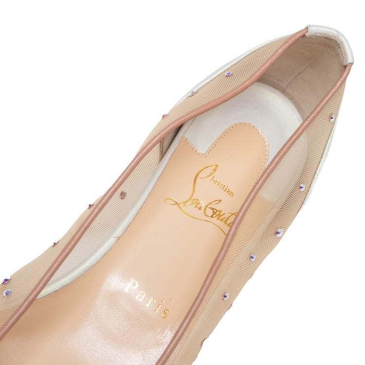 Pre Owned Christian Louboutin Beige Embellished Net And Leather Follies Strass Pointed Toe Ballet Flats Size 38