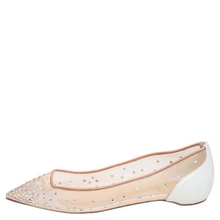 Pre Owned Christian Louboutin Beige Embellished Net And Leather Follies Strass Pointed Toe Ballet Flats Size 38