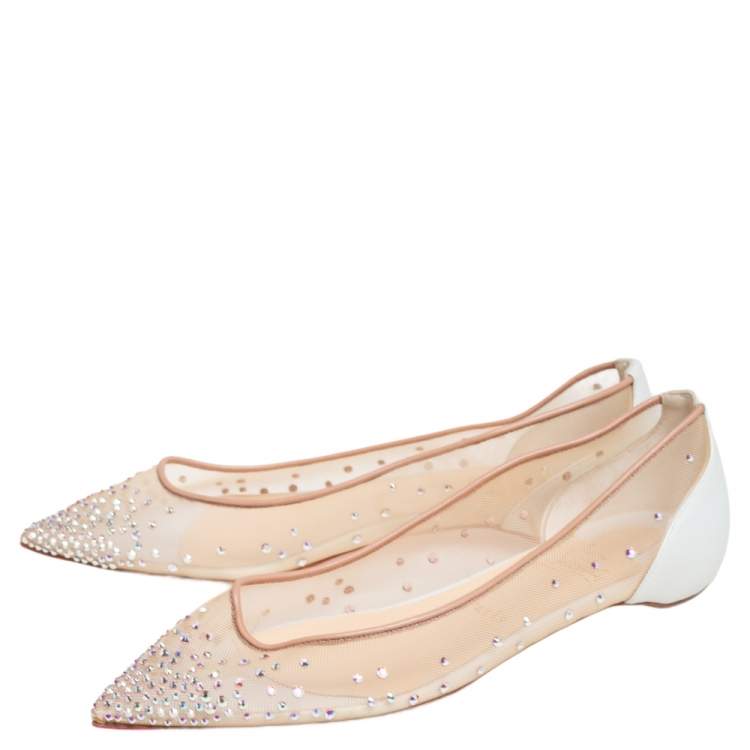 Pre Owned Christian Louboutin Beige Embellished Net And Leather Follies Strass Pointed Toe Ballet Flats Size 38