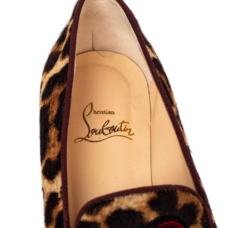 Pre Owned Christian Louboutin Brown Leopard Print Pony My Love Velvet Smoking Slippers Size 37