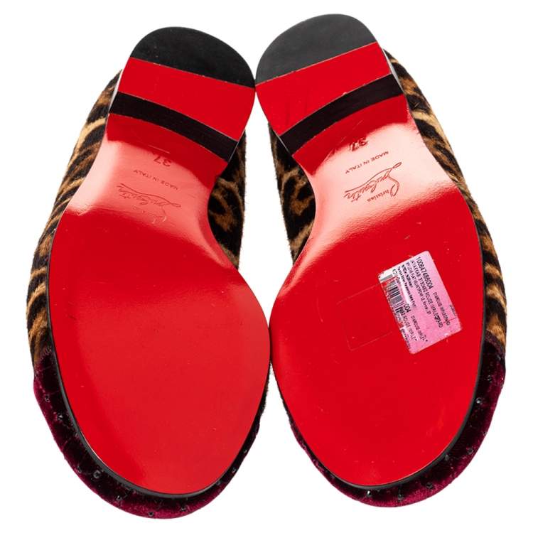 Pre Owned Christian Louboutin Brown Leopard Print Pony My Love Velvet Smoking Slippers Size 37