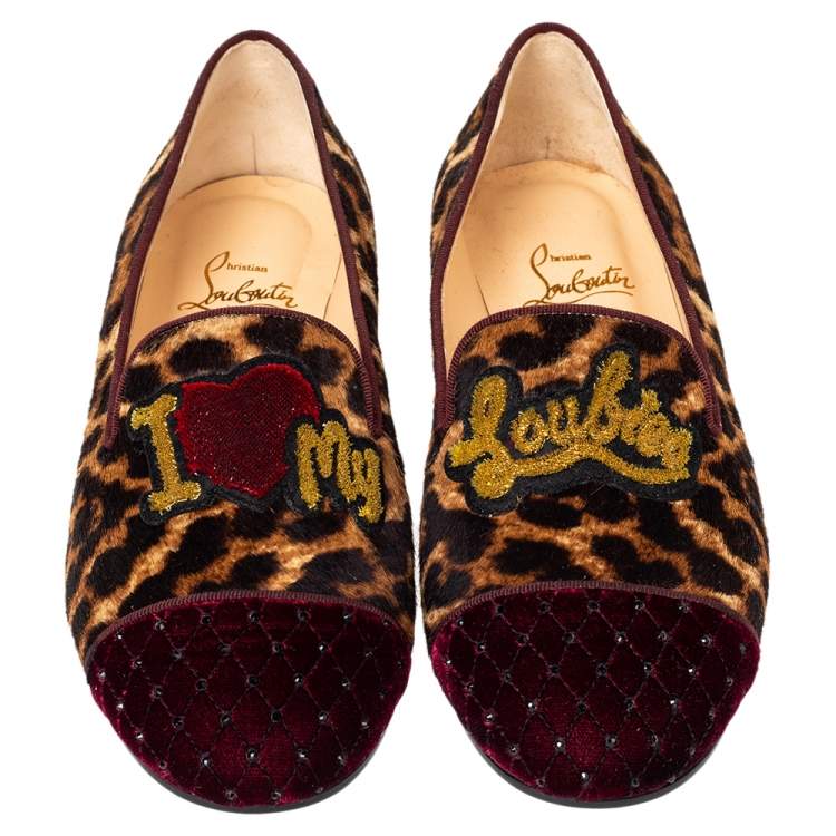 Pre Owned Christian Louboutin Brown Leopard Print Pony My Love Velvet Smoking Slippers Size 37