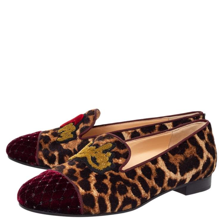 Pre Owned Christian Louboutin Brown Leopard Print Pony My Love Velvet Smoking Slippers Size 37