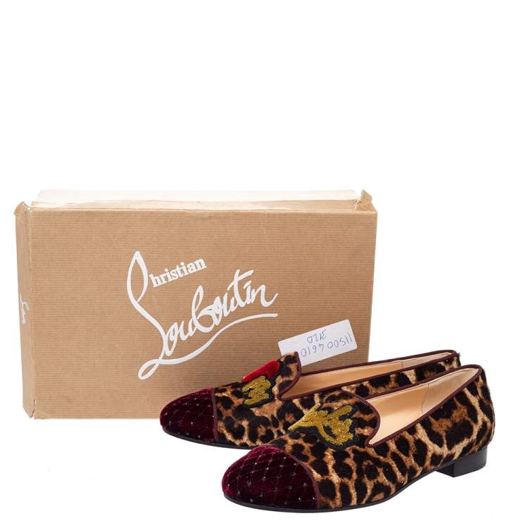 Pre Owned Christian Louboutin Brown Leopard Print Pony My Love Velvet Smoking Slippers Size 37