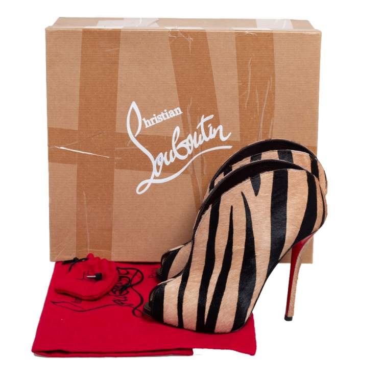 Pre Owned Christian Louboutin Black Beige Zebra Print Pony Hair Chester Fille Ankle Booties Size 38.5