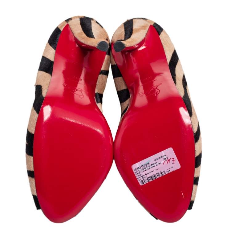 Pre Owned Christian Louboutin Black Beige Zebra Print Pony Hair Chester Fille Ankle Booties Size 38.5