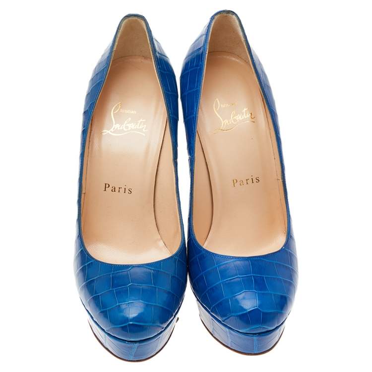 Pre Owned Christian Louboutin Blue Crocodile Leather Bianca 140 Platform Pumps Size 37