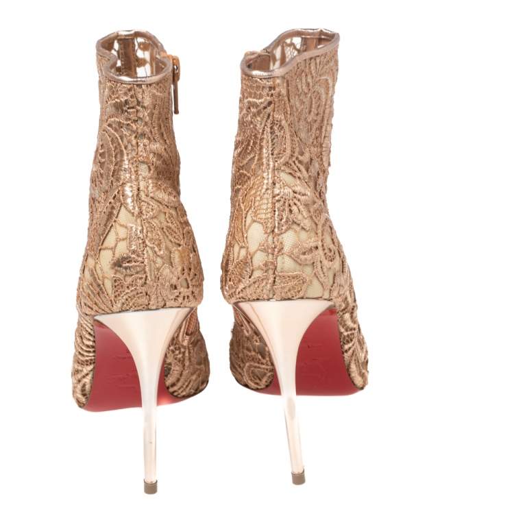 Pre Owned Christian Louboutin Beige Net And Mesh Zipper Detail Ankle Boots Size 35
