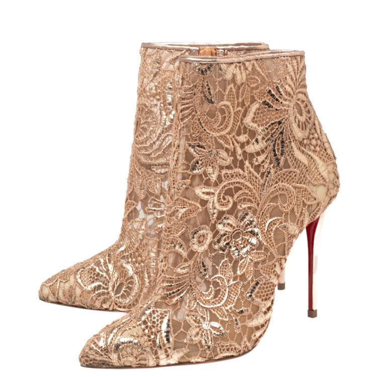 Pre Owned Christian Louboutin Beige Net And Mesh Zipper Detail Ankle Boots Size 35