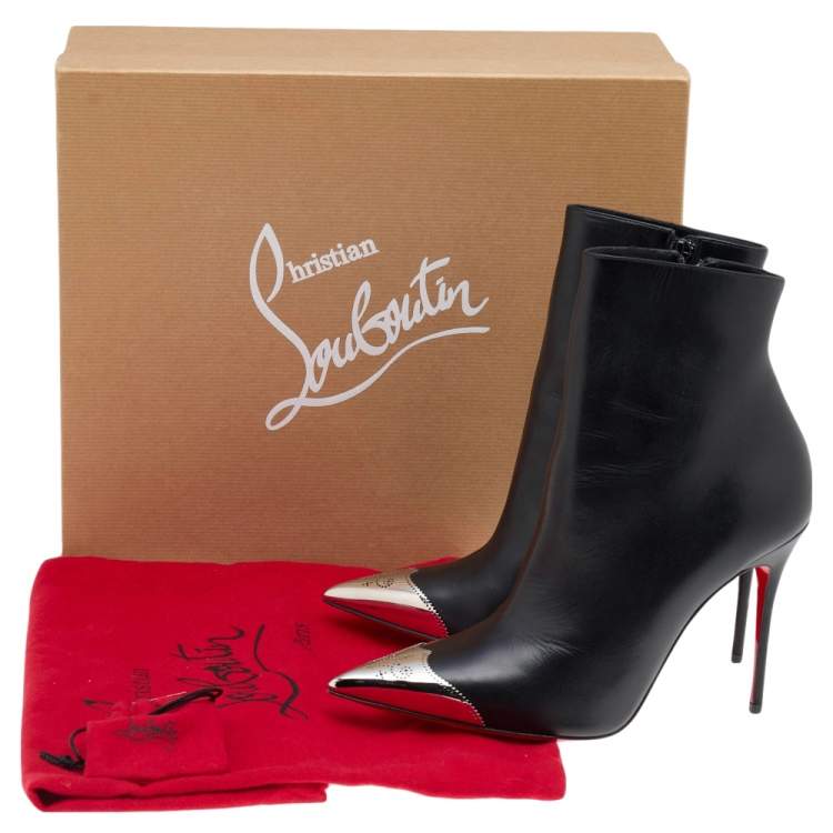 Pre Owned Christian Louboutin Black Leather Calamijane Pointed Toe Ankle Length Boots Size 37.5
