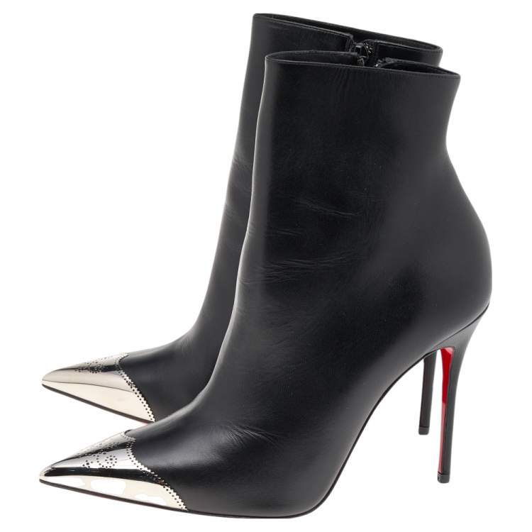 Pre Owned Christian Louboutin Black Leather Calamijane Pointed Toe Ankle Length Boots Size 37.5