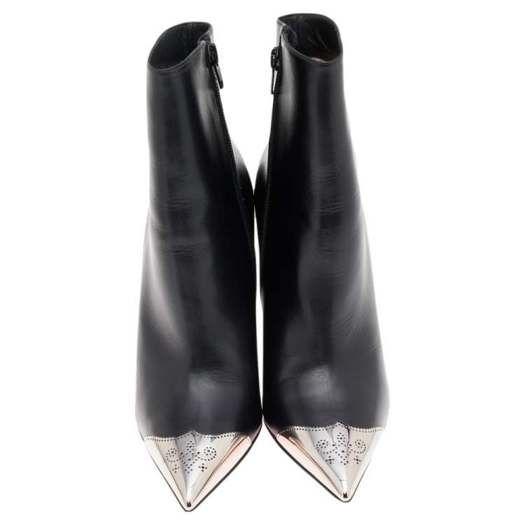 Pre Owned Christian Louboutin Black Leather Calamijane Pointed Toe Ankle Length Boots Size 37.5
