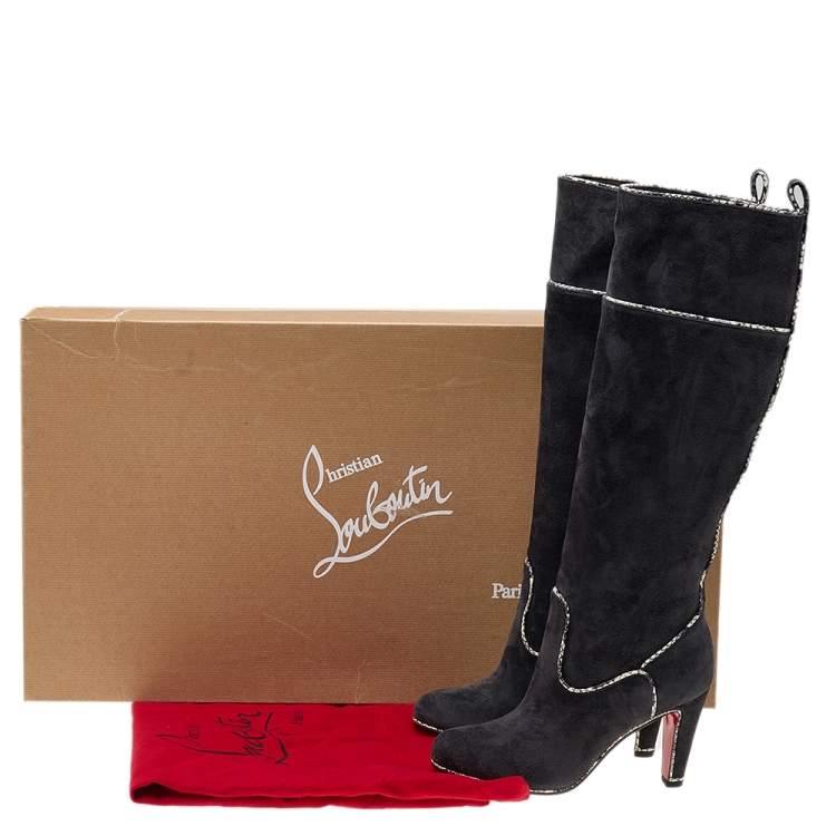 Pre Owned Christian Louboutin Dark Grey Suede And Snakeskin Trim Louloubotta Knee Length Boots Size 36