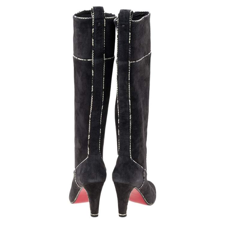 Pre Owned Christian Louboutin Dark Grey Suede And Snakeskin Trim Louloubotta Knee Length Boots Size 36