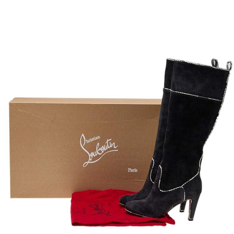 Pre Owned Christian Louboutin Dark Grey Suede And Snakeskin Trim Louloubotta Knee Length Boots Size 37.5