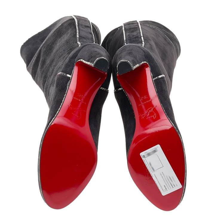 Pre Owned Christian Louboutin Dark Grey Suede And Snakeskin Trim Louloubotta Knee Length Boots Size 36.5