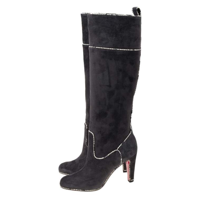 Pre Owned Christian Louboutin Dark Grey Suede And Snakeskin Trim Louloubotta Knee Length Boots Size 39.5