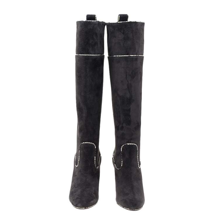 Pre Owned Christian Louboutin Dark Grey Suede And Snakeskin Trim Louloubotta Knee Length Boots Size 39.5