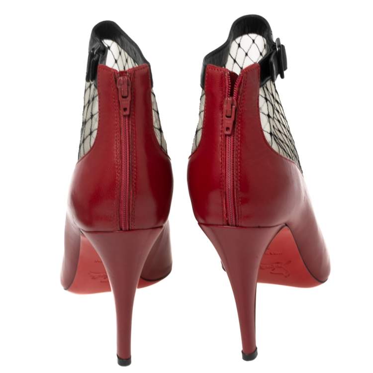 Pre Owned Christian Louboutin Red/Beige Mesh And Leather Fishnet Ankle Boots Size 37 
