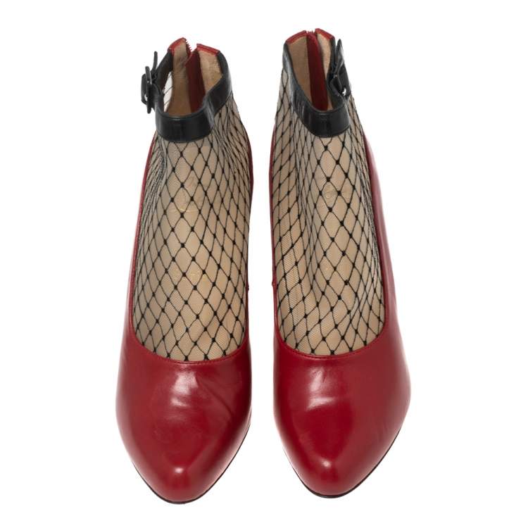 Pre Owned Christian Louboutin Red/Beige Mesh And Leather Fishnet Ankle Boots Size 37 