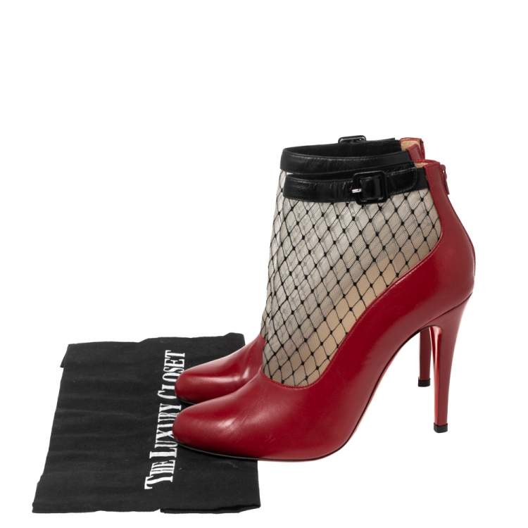 Pre Owned Christian Louboutin Red/Beige Mesh And Leather Fishnet Ankle Boots Size 37 