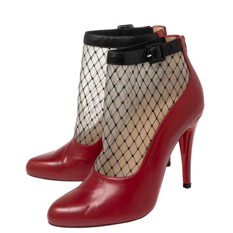 Pre Owned Christian Louboutin Red/Beige Mesh And Leather Fishnet Ankle Boots Size 37 