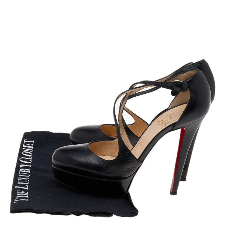 Pre Owned Christian Louboutin Black Leather Criss Cross Platform Pumps Size 37.5
