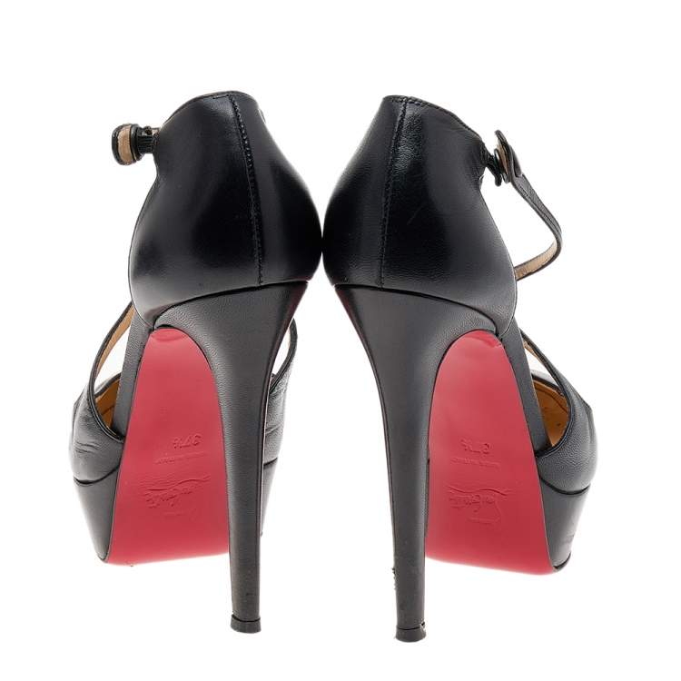 Pre Owned Christian Louboutin Black Leather Criss Cross Platform Pumps Size 37.5