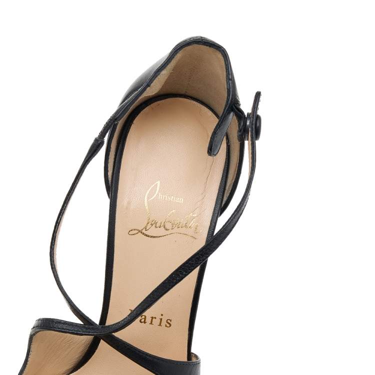 Pre Owned Christian Louboutin Black Leather Criss Cross Platform Pumps Size 37.5