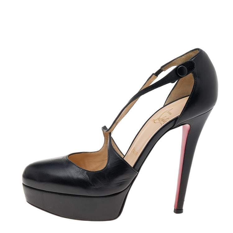 Pre Owned Christian Louboutin Black Leather Criss Cross Platform Pumps Size 37.5