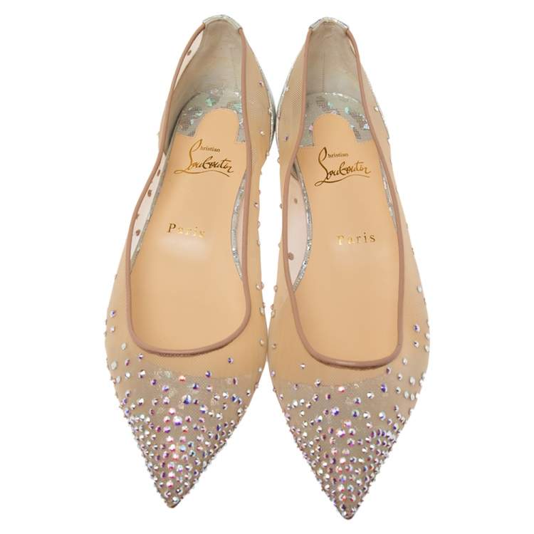 Pre Owned Christian Louboutin Beige Mesh and Iridescent Leather Follies Strass Ballet Flats Size 38