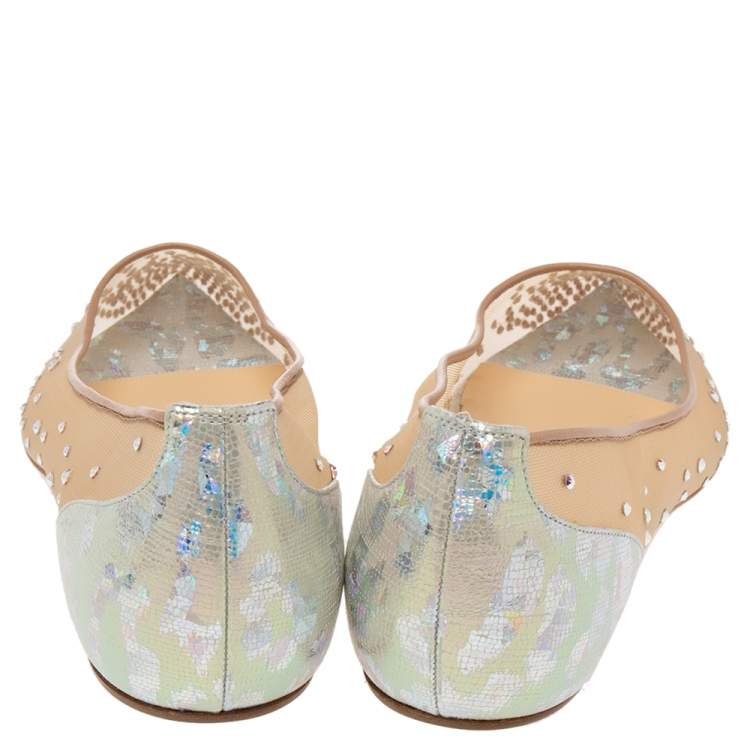 Pre Owned Christian Louboutin Beige Mesh and Iridescent Leather Follies Strass Ballet Flats Size 38