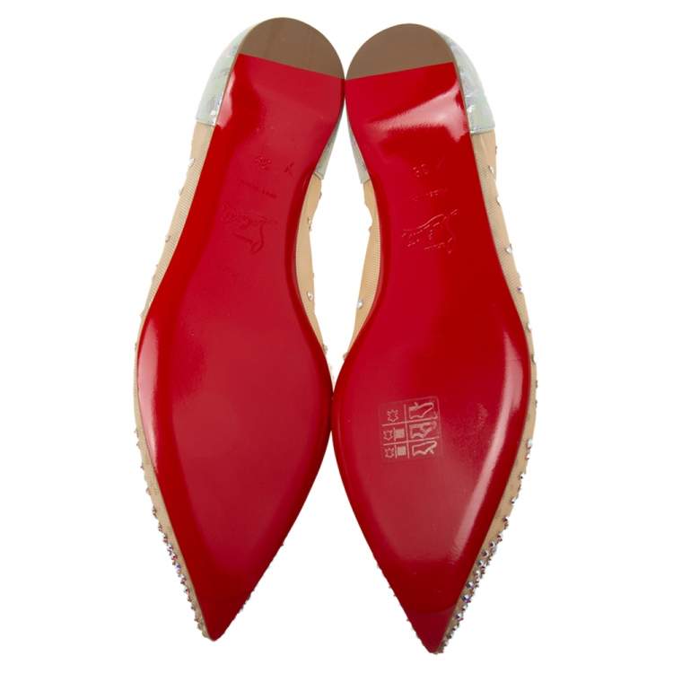 Pre Owned Christian Louboutin Beige Mesh and Iridescent Leather Follies Strass Ballet Flats Size 38