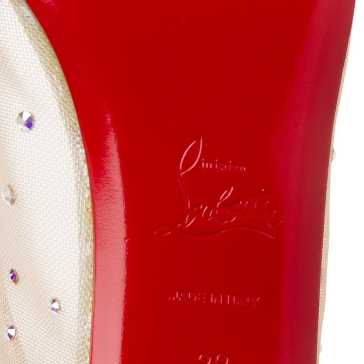 Pre Owned Christian Louboutin Beige Mesh and Iridescent Leather Follies Strass Ballet Flats Size 38