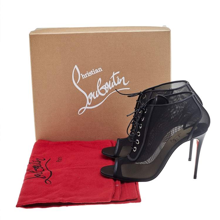 Pre Owned Christian Louboutin Black Mesh Open Ondessa Lace Up Booties Size 38