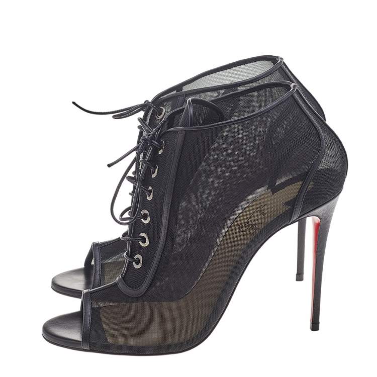 Pre Owned Christian Louboutin Black Mesh Open Ondessa Lace Up Booties Size 38