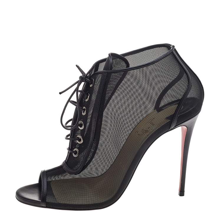 Pre Owned Christian Louboutin Black Mesh Open Ondessa Lace Up Booties Size 38
