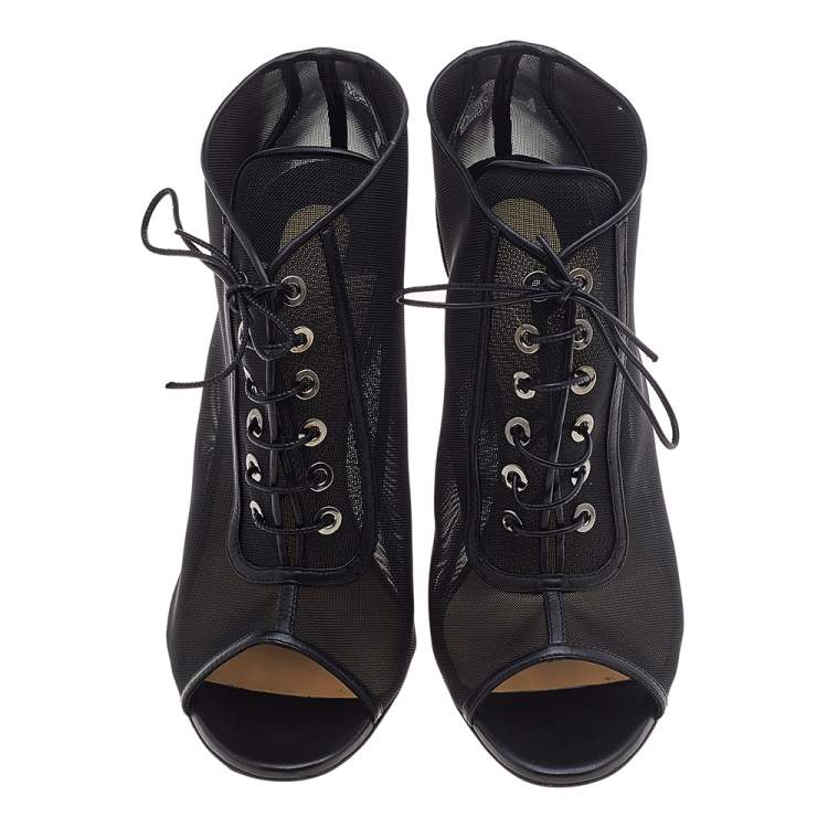 Pre Owned Christian Louboutin Black Mesh Open Ondessa Lace Up Booties Size 38