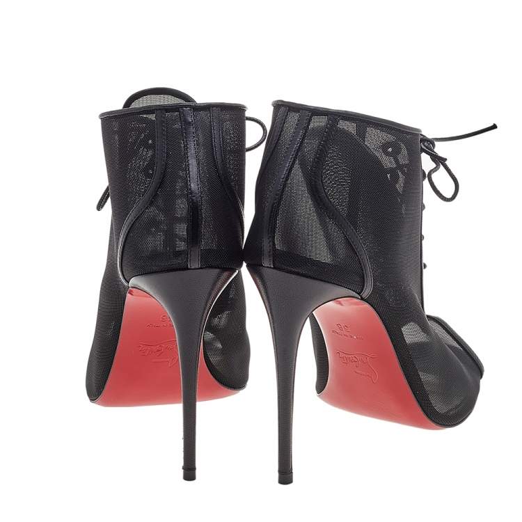 Pre Owned Christian Louboutin Black Mesh Open Ondessa Lace Up Booties Size 38