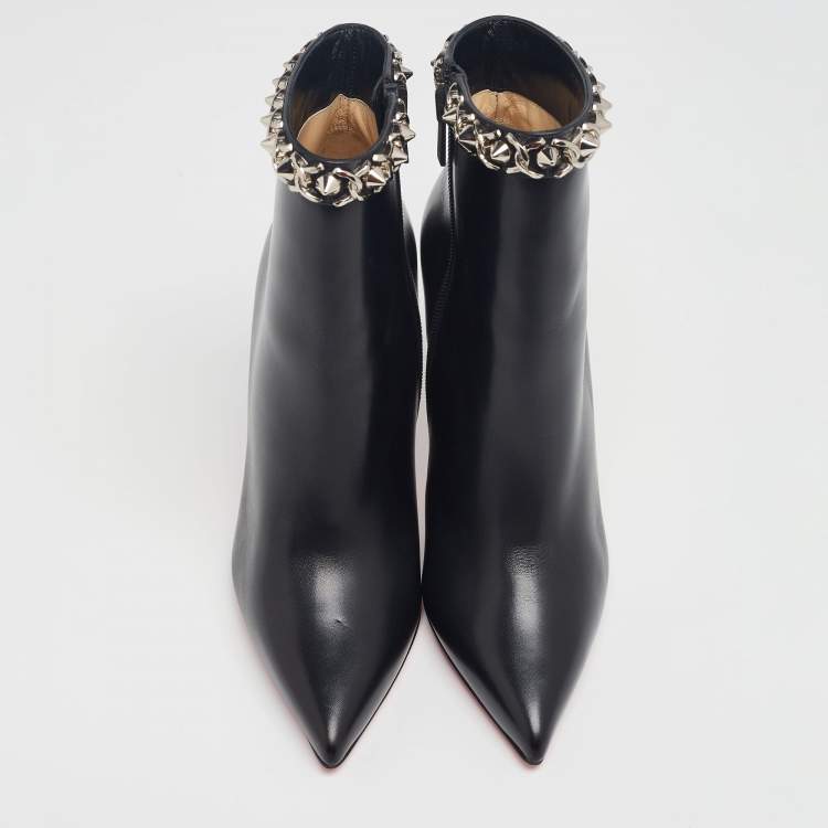 Pre Owned Christian Louboutin Black Leather Booty Chain Spiked Boots 37.5
