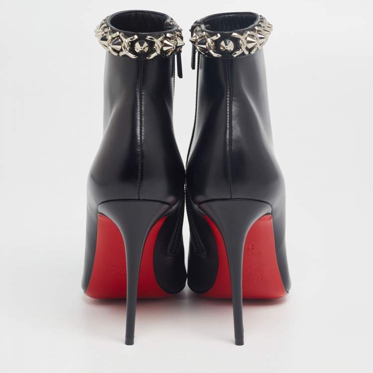 Pre Owned Christian Louboutin Black Leather Booty Chain Spiked Boots 37.5