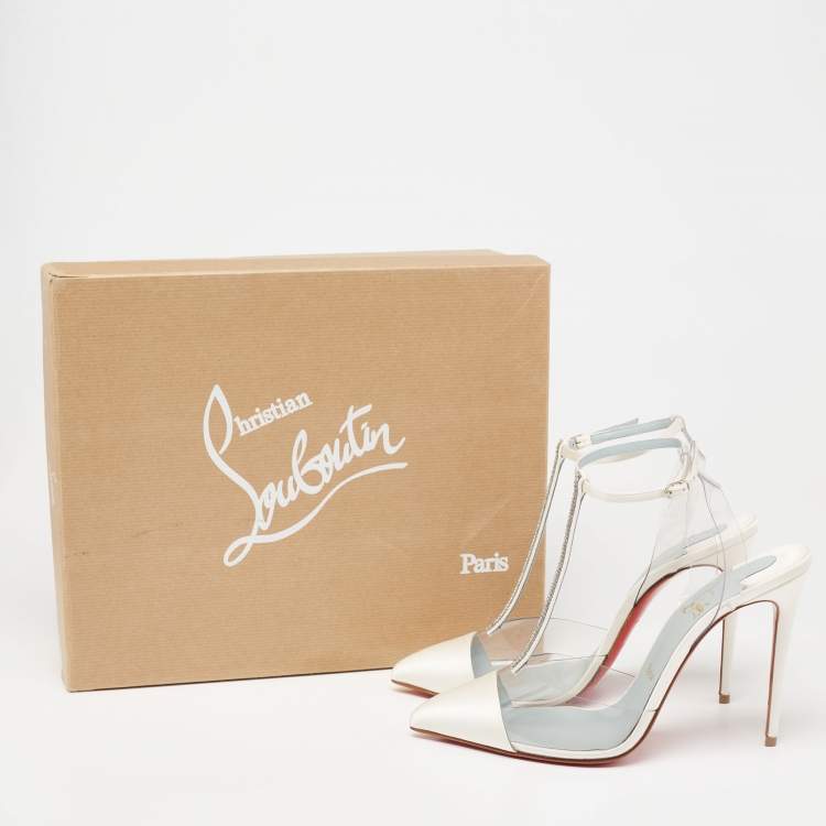 Pre Owned Christian Louboutin Ivory Satin and PVC Nosy T-Strap Pumps Size 38.5
