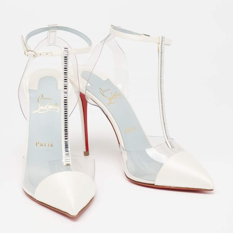 Pre Owned Christian Louboutin Ivory Satin and PVC Nosy T-Strap Pumps Size 38.5