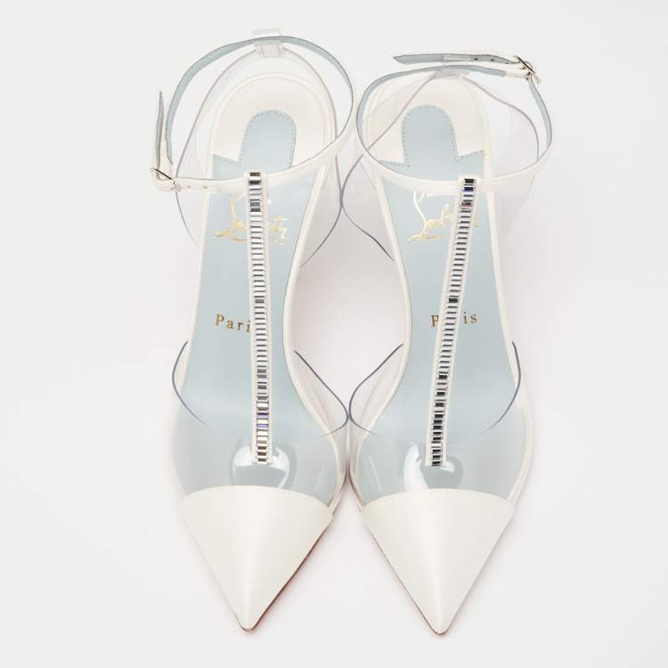 Pre Owned Christian Louboutin Ivory Satin and PVC Nosy T-Strap Pumps Size 38.5