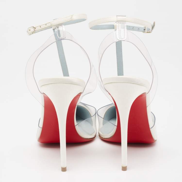 Pre Owned Christian Louboutin Ivory Satin and PVC Nosy T-Strap Pumps Size 38.5